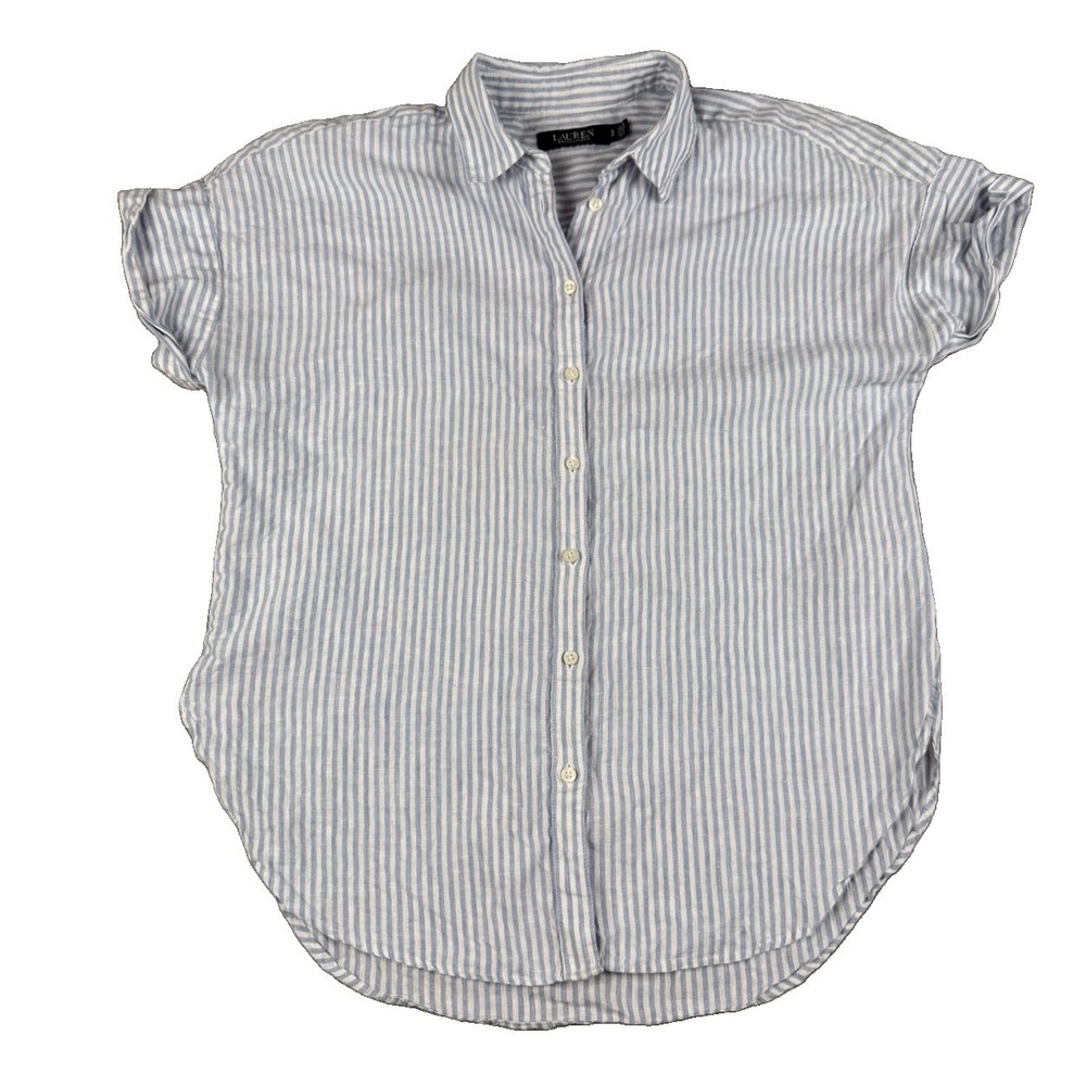 Lauren Ralph Lauren Womens SP Linen Shirt Blue White Stripe Button Front